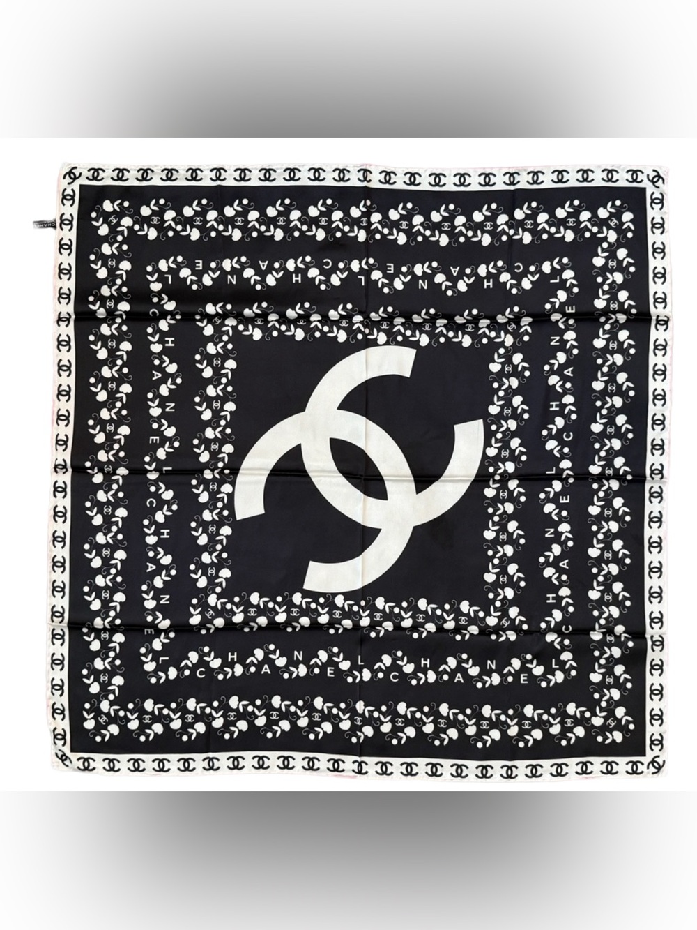 100% Silk 90cm Black & White Interlocking CC Silk Scarf